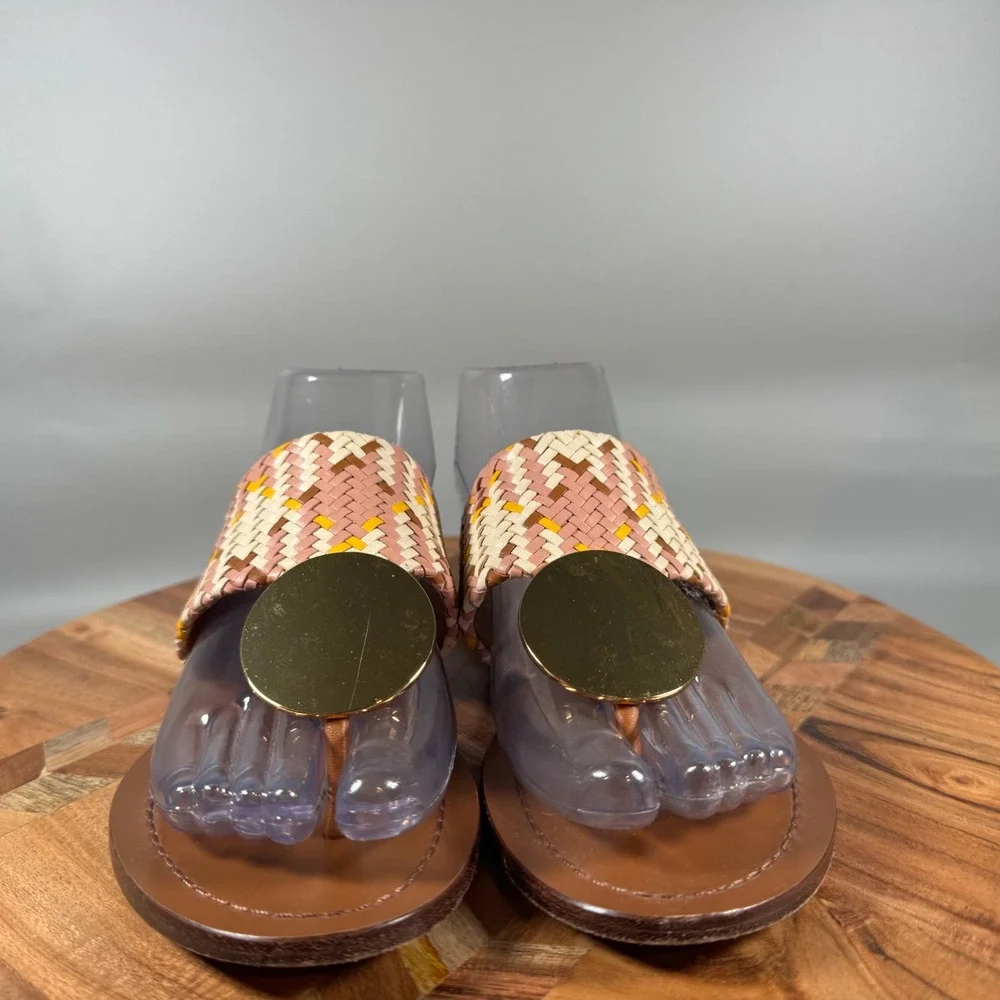 Tory Burch Patos Disk Woven‎ Leather Thong Sandals Gold Logo Women Size 7M